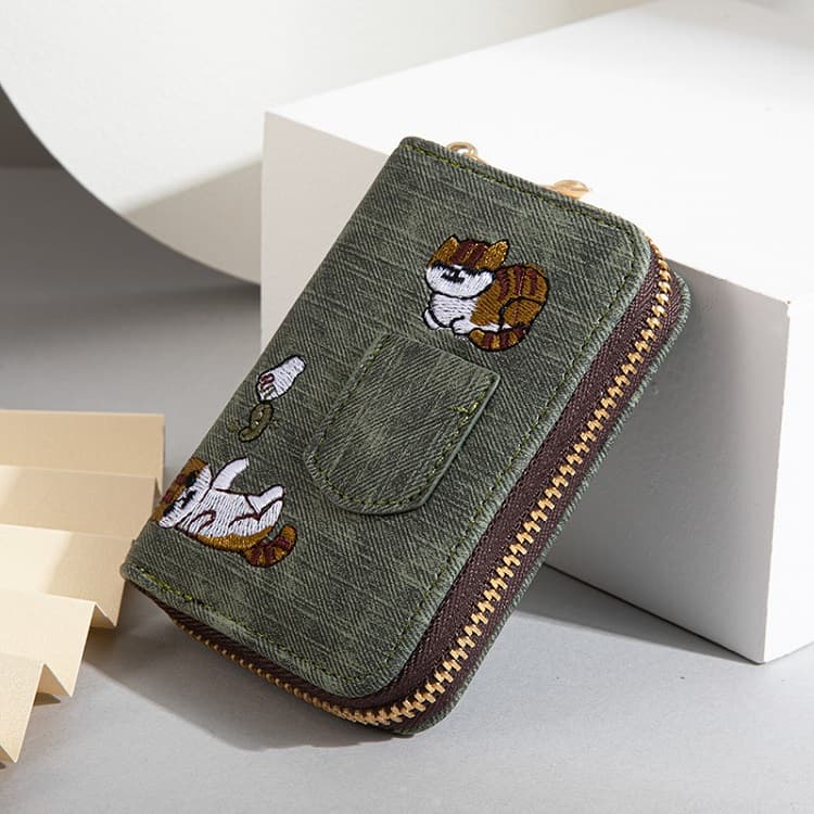 可愛い猫刺繍ジッパー式布製名刺入れ