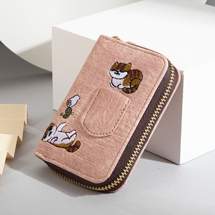 可愛い猫刺繍ジッパー式布製名刺入れ